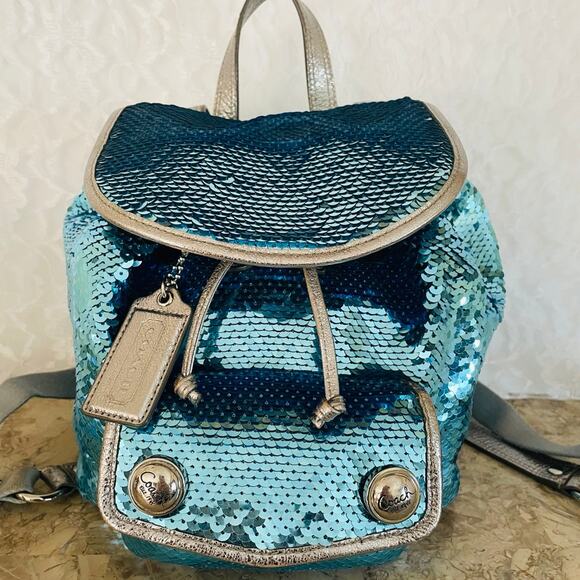 COACH Turquoise poppy sequin backpack limited edition 16916 - Picture 1 of 10